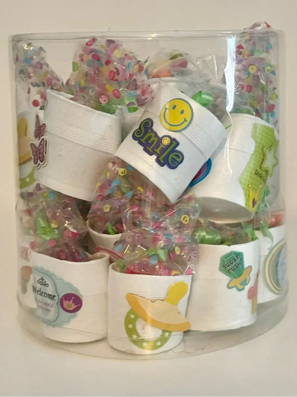 23 - Handmade Party Favor Styrofoam bootie Cups w/stickers & tic tac Chewy Candy